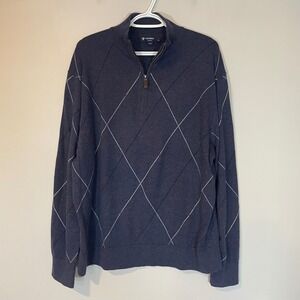 Cremieux Classics Mens XL Blue Argyle Silk Blend Quarter‎ Zip Sweater Mock Neck